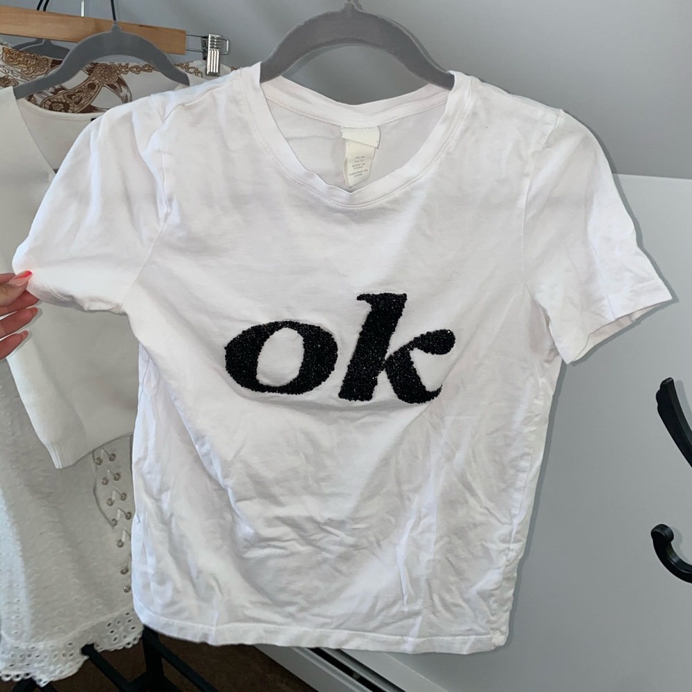 H&M White Short Sleeve Tee with Black 'ok' Applique